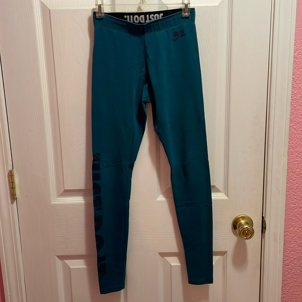 Teal Nike Leggings w/ Writing Down the Side